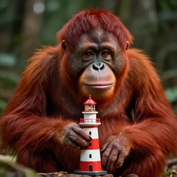 portrait of the red orangutan shaking lighthouse toy by karol bak, james jean, tom bagshaw, rococo, sharp focus, trending on artstation, cinematic lighting, hyper realism, octane render, 8 k, hyper detailed.