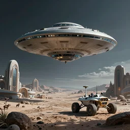 surreal art deco designs, sci fi scene, alien landscape, flying saucer and moon rover