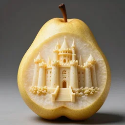photorealistic picture of a miniature castle carved in the flesh of a pear