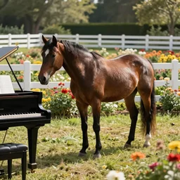 a photo of a horse next to a piano in a flower garden, with white fence, realistic, noon time, trending