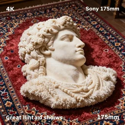 “Fluffy carpet cut 3d Apollo figure, Persian carpet macro, 4k photo, great light and shadows, Sony 175mm”