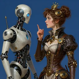 a cinematic scene female steampunk girl talking to a robot, blue background, intricate, elegant, highly detailed, digital painting, artstation, concept art, smooth, sharp focus, illustration, art by artgerm and greg rutkowski and alphonse mucha
