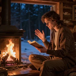beguiling handsome man reading the palm of a beautiful young elegant woman, sitting on a window sill, enchanting, warm log cabin, fireplace, cold dark night outside, set in the 8 0 s, artists impression, romantic, cosy, loving, dreamy fairytale