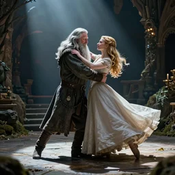 gandalf ( ian mckellen ) is waltz off with galadriel ( cate blanchett ) are dancing the waltz in the new hobbit movie, dynamic lights, illustration by greg rutkowski *