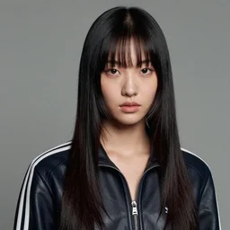 ektachrome, youthful asian demure, exquisite features, feminine cut, frontiers in flight leather covered in adidas logos, lara jade