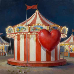 By Tom Bagshaw, ultra realist soft painting of curiosity carnival by night, Heart attached in barbed wires, symmetry accurate features, very intricate details, ominous sky, black and white, volumetric light clouds