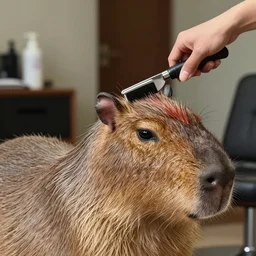 a barber cutting the hair of a capybara, close - up shot, digital art, trending on artstation, matte painting
