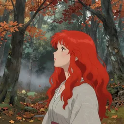 a beautiful illustration of a red head female in a forest, autumn, cinematic composition, mist, style of yoshitaka amano and alfons mucha