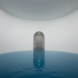 interior of a flooded building, all white, minimalistic architecture, rounded ceiling, arched doorway, dim lights, liminal space, blue water, minimalistic,