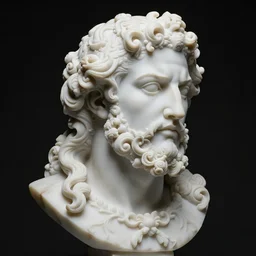 a complex and baroque bust of jazzybitrouvier in white marble full of intrincate and ornamental details, dramatic lighting, 4k, black background, 90mm, sharp focus.