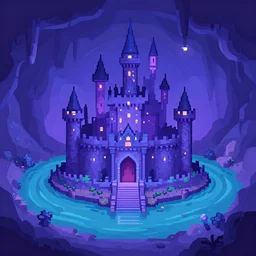 a subterranean magic castle surrounded by a moat, underground cave castle, digital illustration, flat colors, blue and purple color scheme, pixel trickery studios game artwork,