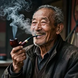 hyper realistic color photo, portrait of a single weathered old man, aesthetic laughing woman smoking pipe, cables, vapour emerge from their eyes, dramatic lighting and shadow!!, full colour, upscale, 8 k, masterpiece
