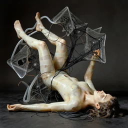 extreme harsh lighting antique photograph of geometric surreal sculpture of a human drowning in its own bad dreams, made of electrical tape and silicone tubing and black glass wire, fractal 3 d structure, sculpted by barbara hepworth and naum gabo, photographed by francesca woodman, high contrast shocking detail trending on artstation 8 k