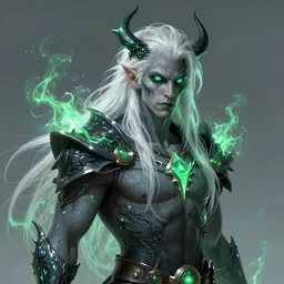 dnd character concept of a man eith ash gray skin and long white hair, Eldridge green eyes and energy, Lich demon mage class