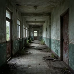 abandoned hospital hallway, horror movie still, broken tiles, vegetation, cinematic, greg rutkowski, artstation