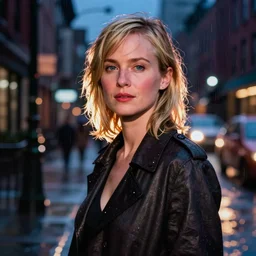 night flash portrait photography of carey mulligan on the lower east side by annie leibovitz, colorful!!, nighttime!, raining!