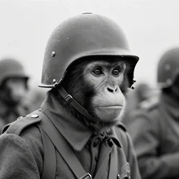 Close up of a monkey wearing soldier helmet in the battle, ww2 historical photography, black & white