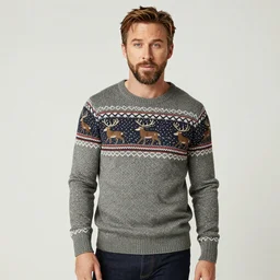 Ryan Gosling in an old sweater with a deer pattern stands against the background of a Persian carpet, Polaroid photo, realistic proportions, soft light, soft colors art