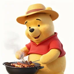 gordon freeman wearing a sun hat and winnie the pooh cooking barbecue on a hot summer day