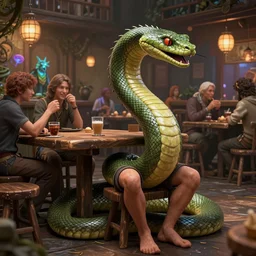 a naga man with a snake tail and no legs seated in an old crowded and lively tavern full of fantasy spirits and heroes, art by yuji ikehata and satoshi kon, background art by miyazaki, realism, proper human male proportions, fully clothed, dungeons and dragons, anime