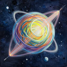 a new art style that mikes intermittent lines and overlapping colors is used to draw space