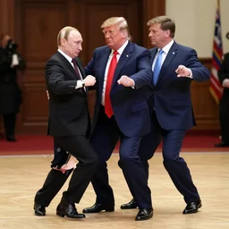 “ photo of a vladimir putin, donald trump and ron desantis dancing a congo line on stage at cpac 2 0 2 2, award winning photo, golden hour, 2 0 mm lens ”