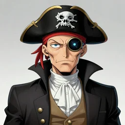 evil morty, president morty, eye patch morty, hyper detailed comic illustration of a cyberpunk President Evil!!! Morty!!! wearing a pirate eye patch and a gorpcore!!! jacket, by Josan Gonzalez and Geof Darrow, intricate details, vibrant, solid background, low angle fish eye lens