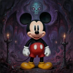 a painting of baphomet mickey mouse, concept art by brom, trending on cgsociety, gothic art, apocalypse art, cosmic horror, # vfxfriday