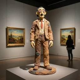plasticine sculpture. john craxton. stop motion. salvador dali clay models. gallery. painting. room with hole in wall. visitor. photorealistic.