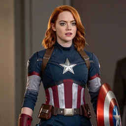 Emma Stone as captain America with avengers