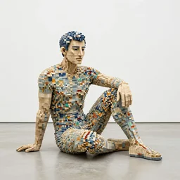 stunning intriguing sculpture of man sitting on the floor, composed of tiny colorful bricks, by antoni gaudi by roerich in clean minimal style museum