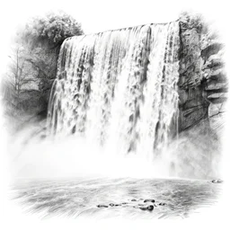 A black and white pencil sketch of a huge waterfall flowing into a very large lake, surrounded by lots of trees and very rocky cliffs.