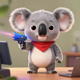 “ cute koala with very big eyes, wearing a bandana and chain, holding a laser gun, standing on a desk, digital art, award winning, in the style of the movie madagascar ”