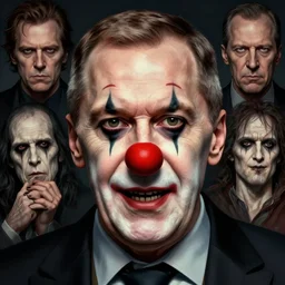 sergey lavrov face is recognizable, sergey lavrov is cryptkeeper from tales from the cryptkeeper, awe face, wearing red clown nose, toothless horror macabre face, by donato giancola and greg rutkowski and wayne barlow and zdzisław beksinski, realistic face, digital art