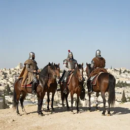Crusaders on horses standing on a ridge overlooking the city of Jerusalem by Marc Simonetti