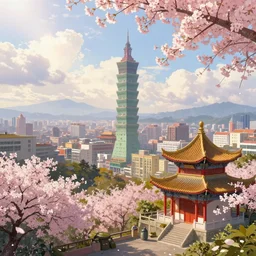 overlooking the taipei city, clouds and sunshine, chinese ancient buildings, fairy tale, sakura, light effect, dream, greg rutkowski, thomas kinkade, artstation, unreal engine.