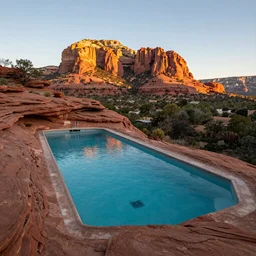 a swimming pool located within a red rock canyon in Sedona Arizona, golden hour