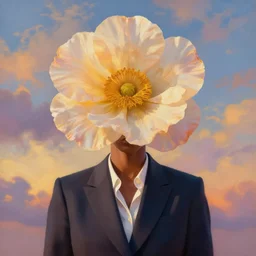 portrait, huge flower as head, black woman in suit, surreal photography, golden hour, colorful clouds, impressionist painting, digital painting, artstation, simon stalenhag