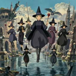 realistic still from howl's moving castle ( 2 0 0 4 ) of a group of witches floating in a flooded monument valley, hq depth of field.