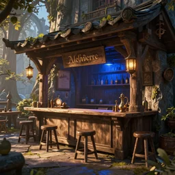 alchemy tavern, hyperdetailed, artstation, cgsociety, golden hour 8 k, volumetric lighting, hard blue light
