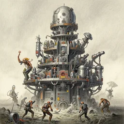 color pencil, inks of 4 character, tiered flayed medical swamp dipped machines, cluster tiered heirarchy, battle chaos, mainframe hydrocracking battles, medical chromed, dystopian, by wayne d barlowe, h r giger, simon bisley & boris vallejo, enric torres, hyper realism, narrative light, muted colors, epic, hyper detailed, awe inspiring, award
