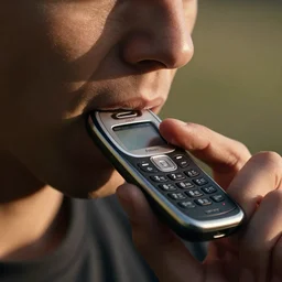 close up of mans mouth eating a nokia phone
