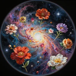 An epic fantastic realism comic book style painting of the most beautiful flowers launched into space, bouquets, glorious nebula, nearby star, flowers blooming, fisheye lens, unreal 5, DAZ, hyperrealistic, octane render, dynamic lighting