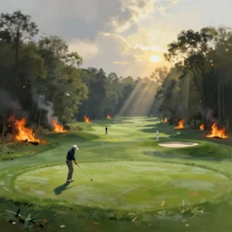 golf players on a lush golf course surrended by forests on fire, digital painting, 4k, rays of light, particles light, by sasha kalinkin