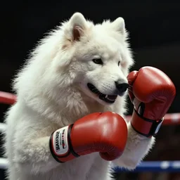 samoyed dog head on a human body as a muay thai kickboxer, gloves on hands, cinematic lighting, film still