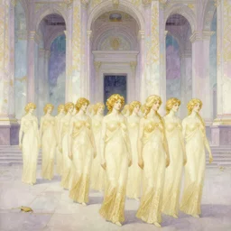 procession of ivory golden women in a soviet abandoned temple, dripping watercolor by hammershøi, highly detailed, art nouveau wallpaper, lights by edward hopper, liminal, eerie, pastel colors, limited palette
