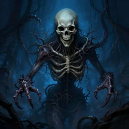 a skinned skull nightmare, tentacles, vines and thorns, illustrated by greg rutkowski, cgsociety, artist interpretation, artstation, contemporary art, 4 k, 8 k, artstation digital, artstation horror, trending on behance, lovecraftian art style, dark blue atmosphere, vignette, beautiful lighting, illustrated by h. r. giger and gaston bussiere, trending on artstation, cgsociety contest winner, 4 k, 8 k