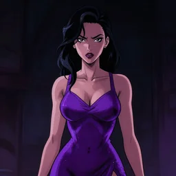 neo - noir, cell shaded, portrait of a woman in a purple dress, dark background, cinematic lighting, detailed, thick line art, artstation, grunge, dark background