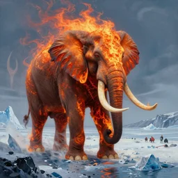 ! a flaming demonic elephant with massive tusks, breathtaking landscape, icy tundra, epic proportions, award winning collaborative painting by geg ruthowski, craig mullins, vincent di fate, john berkey, michael whelan, collaborative artwork, exquisitely high quality and detailed