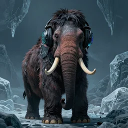 a symmetrical matte portrait of a great woolly mammoth dj with large headphones, dark, brooding, painted, cyberpunk synthwave, ice age. in the style of howls moving castle, well composed, best on artstation, epic, stunning, gorgeous, intricate details, wow, masterpiece